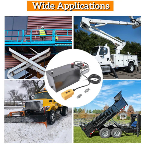 Collage showcasing 10 Quart Double Acting Hydraulic Pump Power Unit for dump trailers and machinery applications