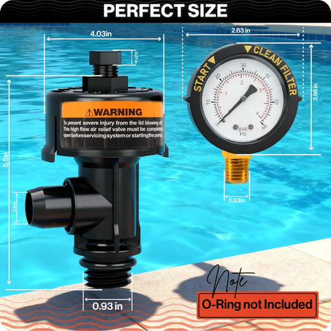 Swimables 98209800 air relief valve for Pentair pool filters, front view, black plastic body with pressure gauge.