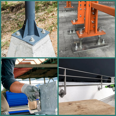 Concrete Wedge Anchors One Half Inch By Five And One Half Inch Heavy Duty Ten Pack Hot Dip Galvanized Carbon Steel Cement Anchor Bolts in various installation scenarios.