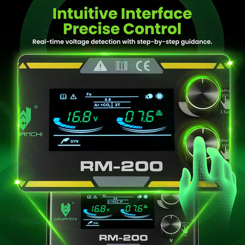 LED display interface on 200 Amp Aluminum MIG Welder Dual Voltage 110V And 220V Beefy 5 In 1 Multiprocess Welder