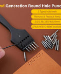 2nd Generation Leather Hole Punch Kit With Removable Circle Punch for lacing and stitching leather, showing round hole cutter tips.