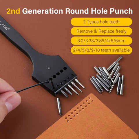 2nd Generation Leather Hole Punch Kit With Removable Circle Punch for lacing and stitching leather, showing round hole cutter tips.
