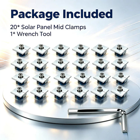 20Pcs Solar Panel Mid Clamps For 30Mm And 35Mm Panels Rock Solid Aluminum Mounting Brackets with accompanying wrench tool.