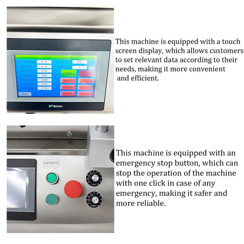 Hassle Free Automatic Desktop Conveyor Round Bottle Labeler 110V touch screen control panel and emergency stop button view.