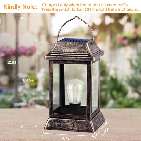 Retro Bronze Metal Solar Lanterns Outdoor Lights Pack Of 2, Waterproof Hanging Garden Lanterns For Patio Yard And Porch, LED Filament Bulbs
