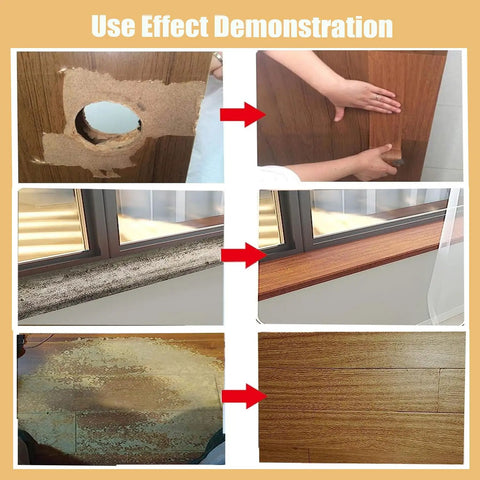 Use effect demonstration of Wood Grain Repair Tape Self Adhesive Patch 4.7 Inch By 32 Feet Ideal For Tables Chairs Baseboards Doors Windows Floors And DIY Projects Easy Peel And Stick To Match Wood Finish showing before and after repairs on surfaces