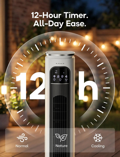 Portable AC Unit With Remote 37 Inch Ventless Evaporative Cooler with 12-hour timer displayed outdoors at night.