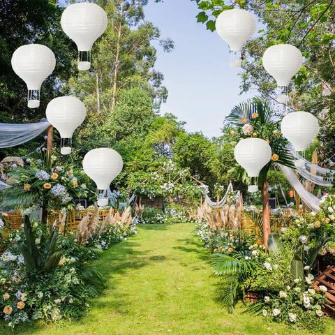 White paper lanterns hanging in garden setting, 10 Pack White Hanging Hot Air Balloon Paper Lanterns 12 Inch Party Ready DIY Decor