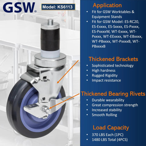 Heavy Duty 5 Inch Swivel Casters With Locking Brake, showcasing thickened brackets and smooth polyurethane wheels.