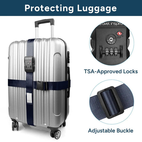 Two Pack Navy Blue Luggage Straps With TSA Lock Heavy Duty Adjustable Cross Travel Belt Anti Theft Suitcase Straps TSA Approved Name Tag Window Durable Travel Gear