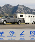 Truck towing trailer demonstrating 4 Pack Trailer Axle Spring Perch Seats for 3 inch round axles, heavy duty steel weld on