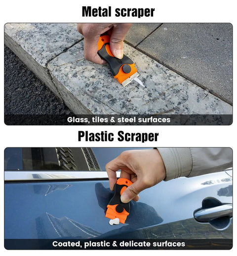 Eraser Wheel Decal Remover Tool Kit with metal and plastic scrapers used on glass and car surfaces.