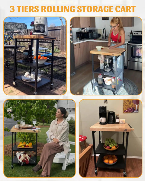 Foldable Kitchen Storage Cart With Solid Oak Top 3 Tier Rolling Metal Utility Rack Lockable Wheels For Microwave Pots And Pans