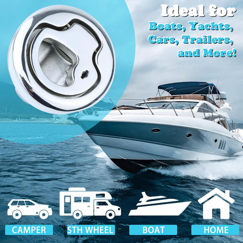 Close-up of round 316 stainless steel lockable boat slam latch with lift handle; 2-inch deck hatch, pack of 2.