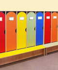 Colorful lockers with 180 Pieces Boho Name Tag Stickers for Classroom Use, featuring polka dots and heart motifs.