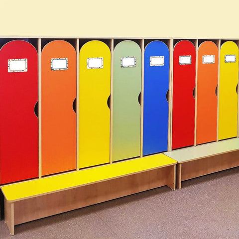 Colorful lockers with 180 Pieces Boho Name Tag Stickers for Classroom Use, featuring polka dots and heart motifs.