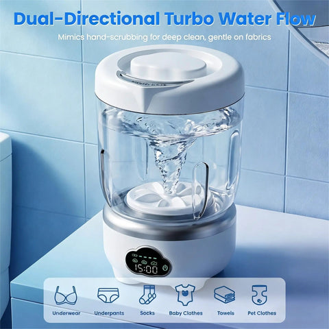 Slick Foldable Mini Washing Machine With 1.6 Liter Capacity And Rechargeable Power For Weekend Adventures, showing dual-directional water flow.