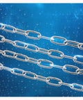 Heavy Duty 304 Stainless Steel Chain Rock Solid Rust Resistant Security Link For Dog Restraint Garden Guardrail Or Workshop Tether Built Like A Tank With 35 Kilogram Pull Rating, shown in droplets on a blue background.