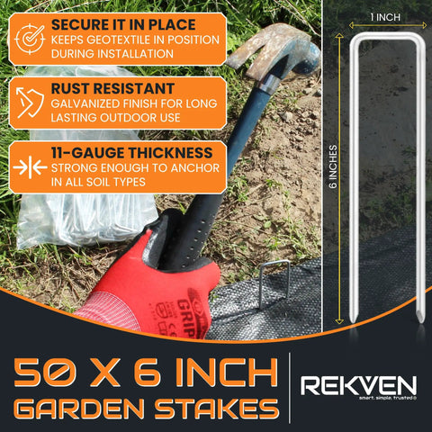Heavy Duty Woven Geotextile Ground Stabilizer For Driveways Gravel Bases And Patios Landscaping Fabric And Underlayment Weed Barrier With 50 Staples 50 X 12.5 Ft Pro Grade Soil Separation And Erosion Control, shown with 6-inch garden stakes being hammered into ground