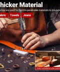 Person using DIY Friendly Grommet Kit With Case Pro Grade Hole Punch Set 1/2 Inch 1/4 Inch 3/8 Inch on leather material.