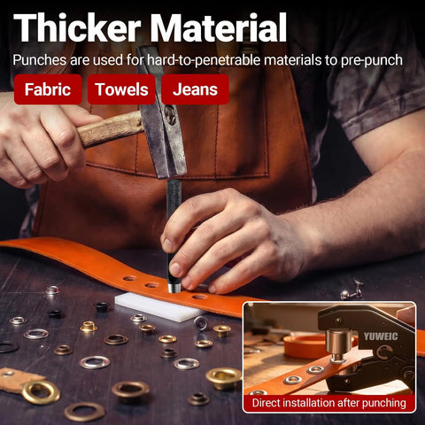 Person using DIY Friendly Grommet Kit With Case Pro Grade Hole Punch Set 1/2 Inch 1/4 Inch 3/8 Inch on leather material.