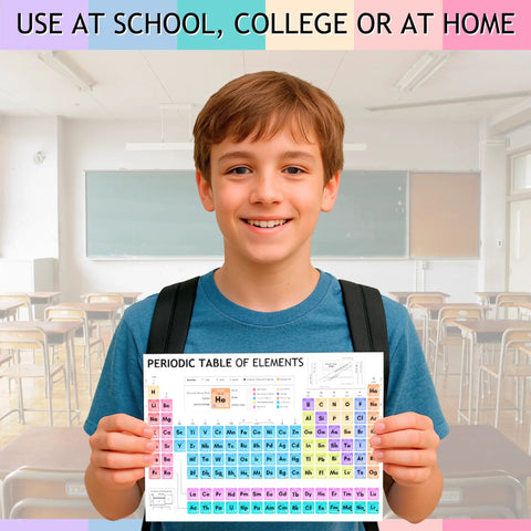 Child in classroom holding Colorful Dry Erase Periodic Table Chart For Kids A4 Science Learning Wall Display That Makes Chemistry Fun