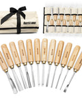 Top Tier 12 Piece Wood Carving Chisel Set With Rock Hard 60CrV Steel Blades And Smooth Ash Wood Grips displayed with storage pouch.