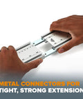 Hands connecting metal clamps of a 50 Inch Clamp Edge Extension for strength; part of Make Straight Runs No Sweat With This 50 Inch Clamp Edge Extension Add Fifty Inches To Your Rig For Crisp Cuts On Circular Saws Built In T Track Delivers Legit Precision Daily.
