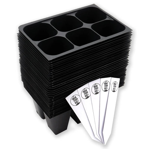 216-Cell Seed Starter Trays Set With Plant Stakes, 36 Trays Of 6-Cell Blocks, and reusable kit shown with plant stakes