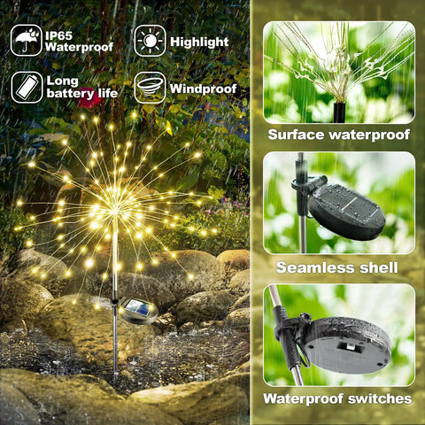 Solar Garden Lights Outdoor With Bendable Copper Wire And 120 LED Firework Beads, Warm White IP65 Waterproof Starburst Vibe Decor For Yard Pathway Patio, Easy DIY Lighting Gift For Women Moms Homeowners highlighting its waterproof feature.