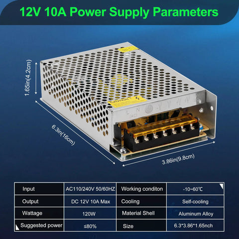 Dual 12V DC Power Supply 120W 10A Switching Adapter Universal 90-264VAC details on size and specifications.