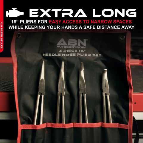 Long Reach 16 Inch Needle Nose Pliers Set Four Piece with case displaying straight and curved pliers for tight spaces use.