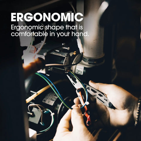 Person using Locking Pocket Multi Tool 8 In 1 With Titanium Nitride Frame And Pliers Wire Cutters Sheepsfoot Blade Saw Awl Dual Bit Screwdriver Bottle Opener For Camping Hunting Fishing And Hiking EDC in an ergonomic shape on wiring task.