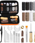 Pro Grade Heavy Duty Leather Upholstery Repair Kit with 40-piece sewing set including threads, needles, awl, thimble, scissors, finger cots.