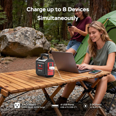 Go To Portable Solar Generator 296Wh Kit with 60W Foldable Panel in use at campsite with laptop and phone charging