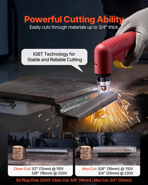 65A Plasma Cutter With Non Touch Pilot Arc cutting thick metal using IGBT Technology and dual voltage settings, showing sparks.