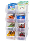 Medium Plastic Storage Bins, Stackable Clear Organizer Containers for Closet, Pantry, Shelves, Garage and Office, Open Front Design for Easy Access, Grab And Go 8 Pack, filled with snacks