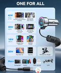 90W USB C Car Charger With 5-Foot 45W Coiled Cable Fast PD QC3.0 charging multiple devices, chart showing compatibility.