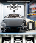 Hella Bright 180W LED Garage Light With 6 Adjustable Panels, 18000 Lumens, installed in garage with car visible