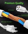 Cross-section of 2 Foot 3 Prong Built Tough Heavy Duty Extension Cord For Indoor Outdoor Use Waterproof SJTW 16 AWG 125V 13A cable.