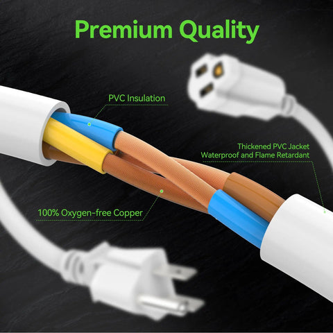 Cross-section of 2 Foot 3 Prong Built Tough Heavy Duty Extension Cord For Indoor Outdoor Use Waterproof SJTW 16 AWG 125V 13A cable.