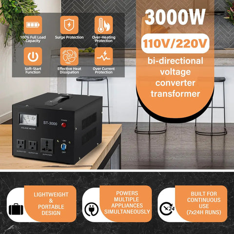 Beefy Step Up Down Voltage Transformer Converter With Built In Meter For 110V Or 220V Use, Circuit Breaker Protection, Heavy Duty Cord, Lightweight Yet Solid, Regulates Input From 85 To 130 Or 180 To 260 Volts To Output 110V Or 220V