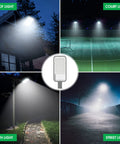 Collage showing 500W Solar Parking Lot Lights Outdoor Flood Lighting 18000LM Dusk to Dawn Remote Control in various settings