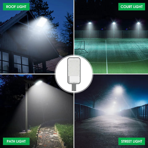 Collage showing 500W Solar Parking Lot Lights Outdoor Flood Lighting 18000LM Dusk to Dawn Remote Control in various settings