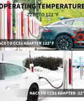 NACS to CCS1 Adapter for Tesla Supercharger showing operating temperatures -22°F to 122°F on EV charging stations.