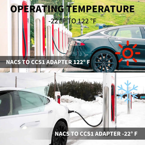 NACS to CCS1 Adapter for Tesla Supercharger showing operating temperatures -22°F to 122°F on EV charging stations.