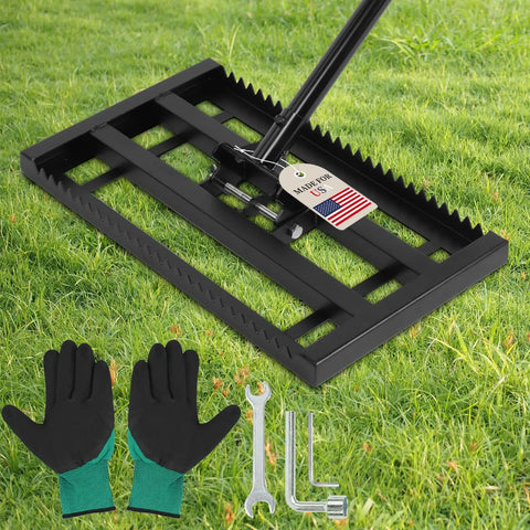 17 By 10 Inch Heavy Duty Lawn Leveling Rake With Sectional Adjustable Handle shown on grass with gloves and tools