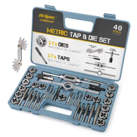 39-Piece Metric Tap and Die Set For Diyers M3 To M12 Thread Tapping and Threading Kit With Wrench and Pitch Gauge in a blue case