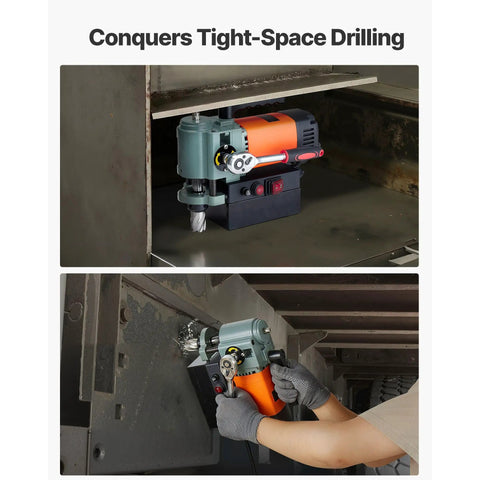 Portable Magnetic Drill Press Delivers Badass Force With A 1300 Watt Motor And Rock Solid Base That Clamps Tight At 2248 Lbf For Zero Hassle Steel Drilling Up To 1.4 Inches Thick in tight spaces.