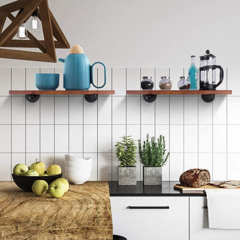 Industrial Black Iron Pipe Shelving Brackets 4 Pack, 13.8 Inch Vintage Wall Mount DIY Shelving Supports shown in a kitchen setting